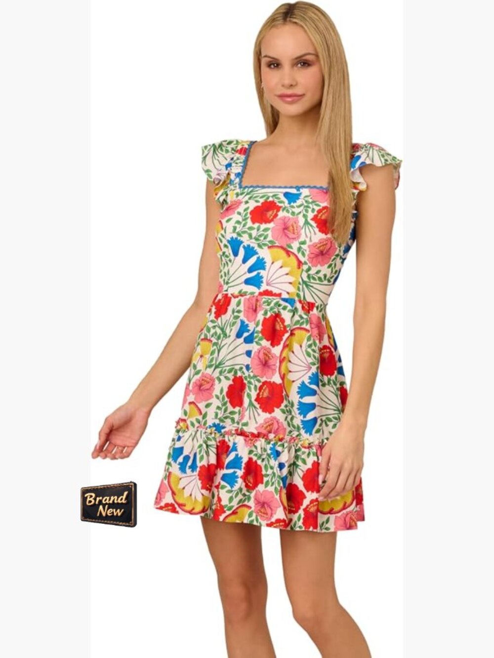 Adrianna Papell Flutter Sleeve Dress Square Neck Flounce Hem Viscose